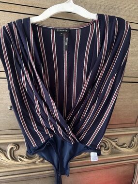 Dynamite Navy Striped Wrap-Front Bodysuit with Red & White Pinstripes